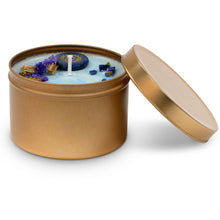 Load image into Gallery viewer, 8 oz Scented Chakra Candles- Gold tin Jar, Gemstones and Herbs
