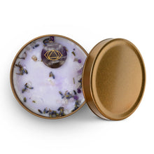 Load image into Gallery viewer, 8 oz Scented Chakra Candles- Gold tin Jar, Gemstones and Herbs
