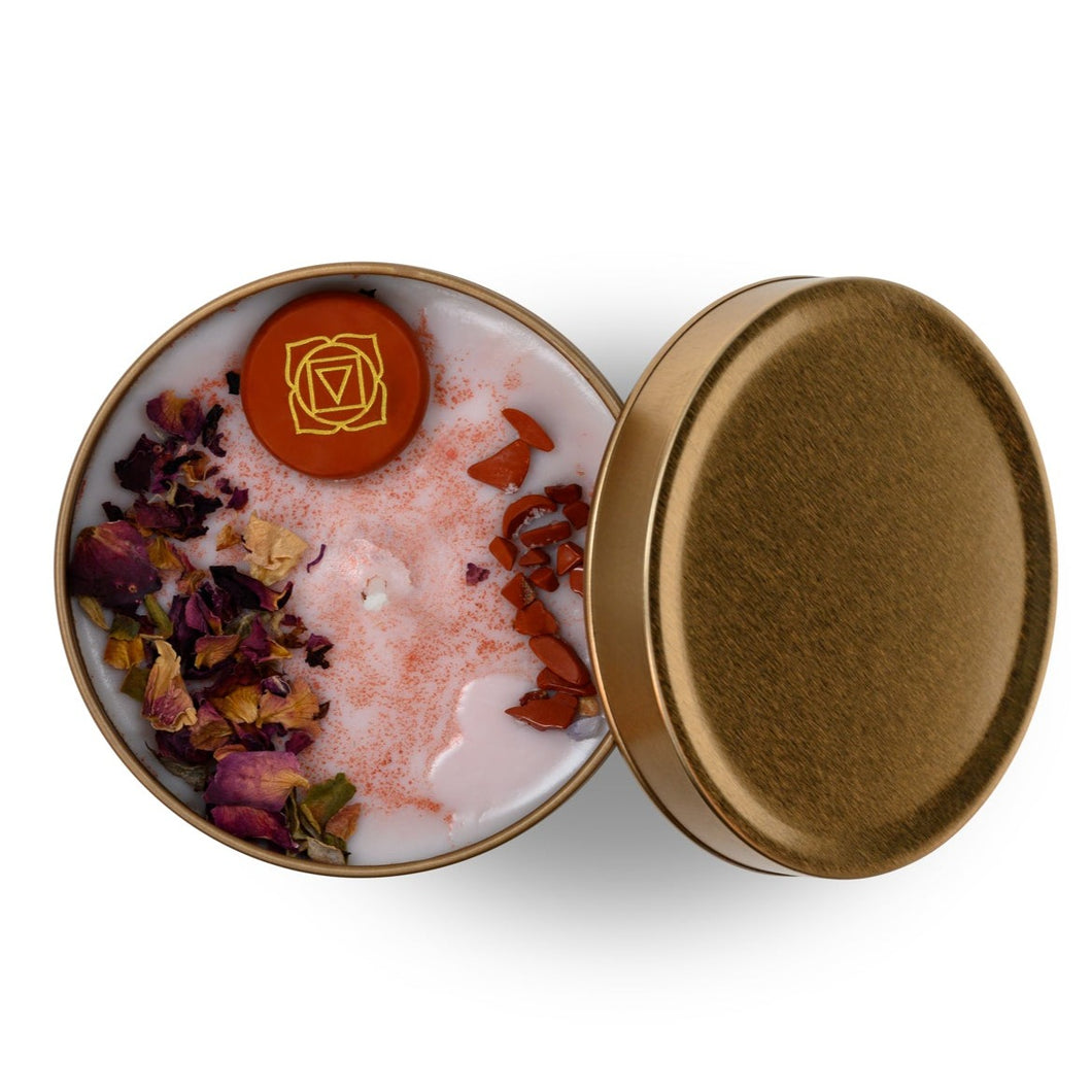 8 oz Scented Chakra Candles- Gold tin Jar, Gemstones and Herbs